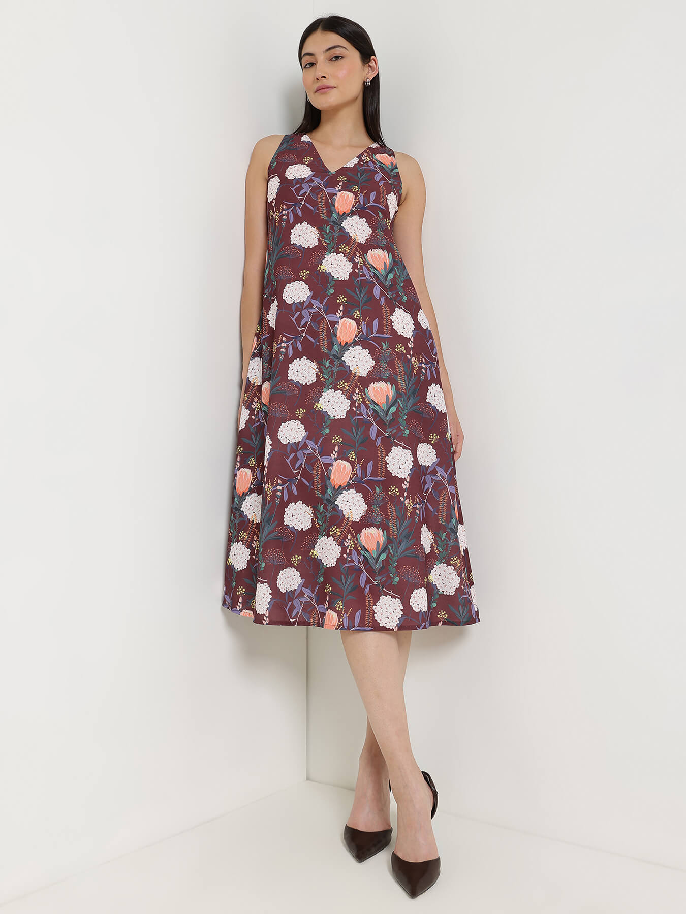 Floral A-Line Midi Dress - Brown