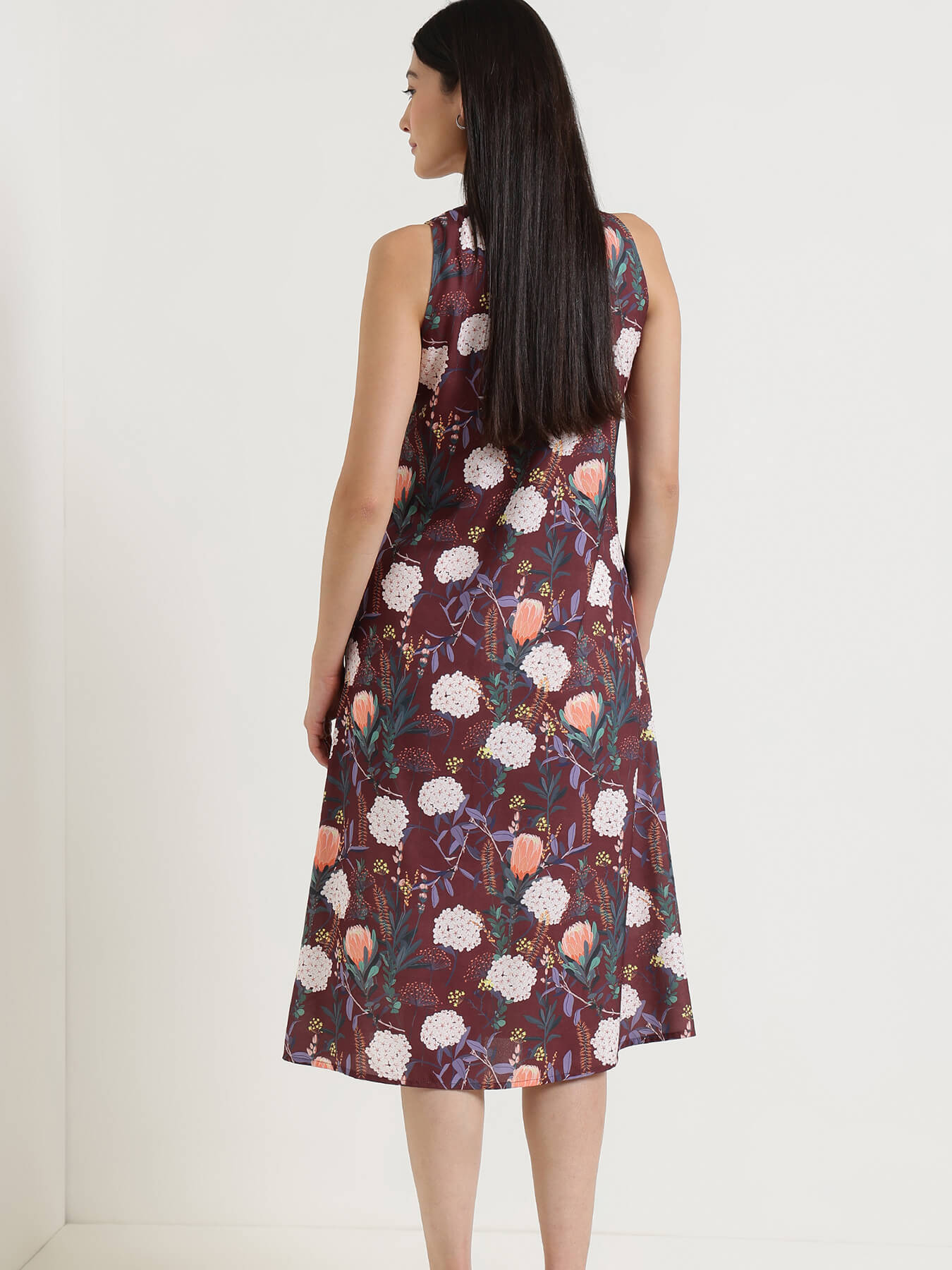 Floral A-Line Midi Dress - Brown