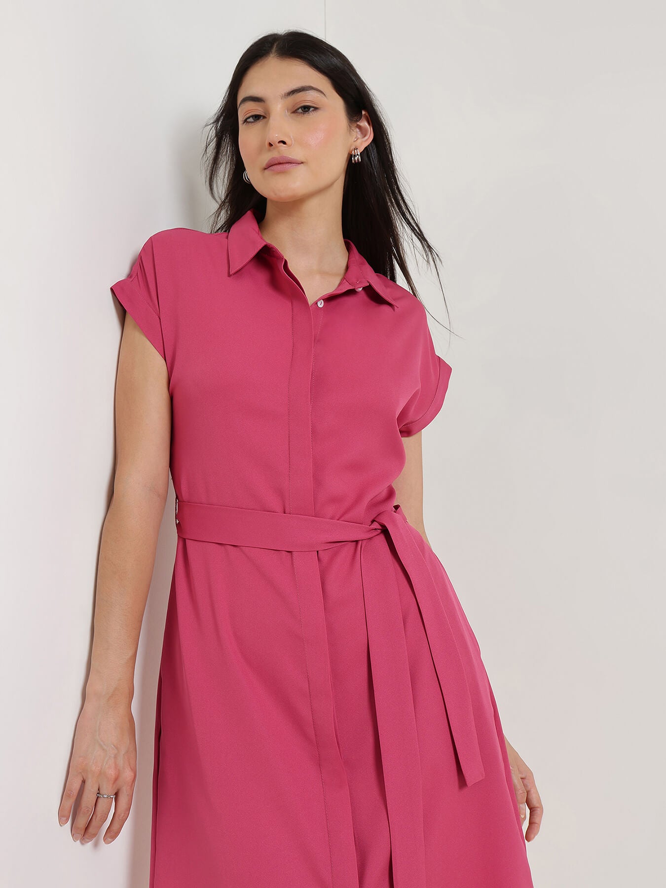 Drop Shoulder Shirt Dress - Pink
