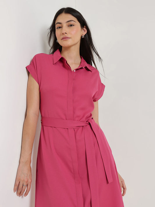 Drop Shoulder Shirt Dress - Pink