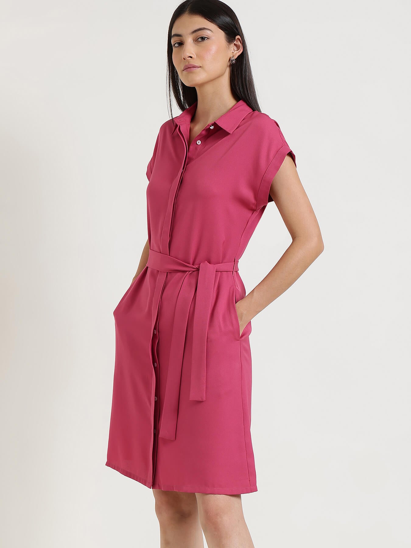 Drop Shoulder Shirt Dress - Pink