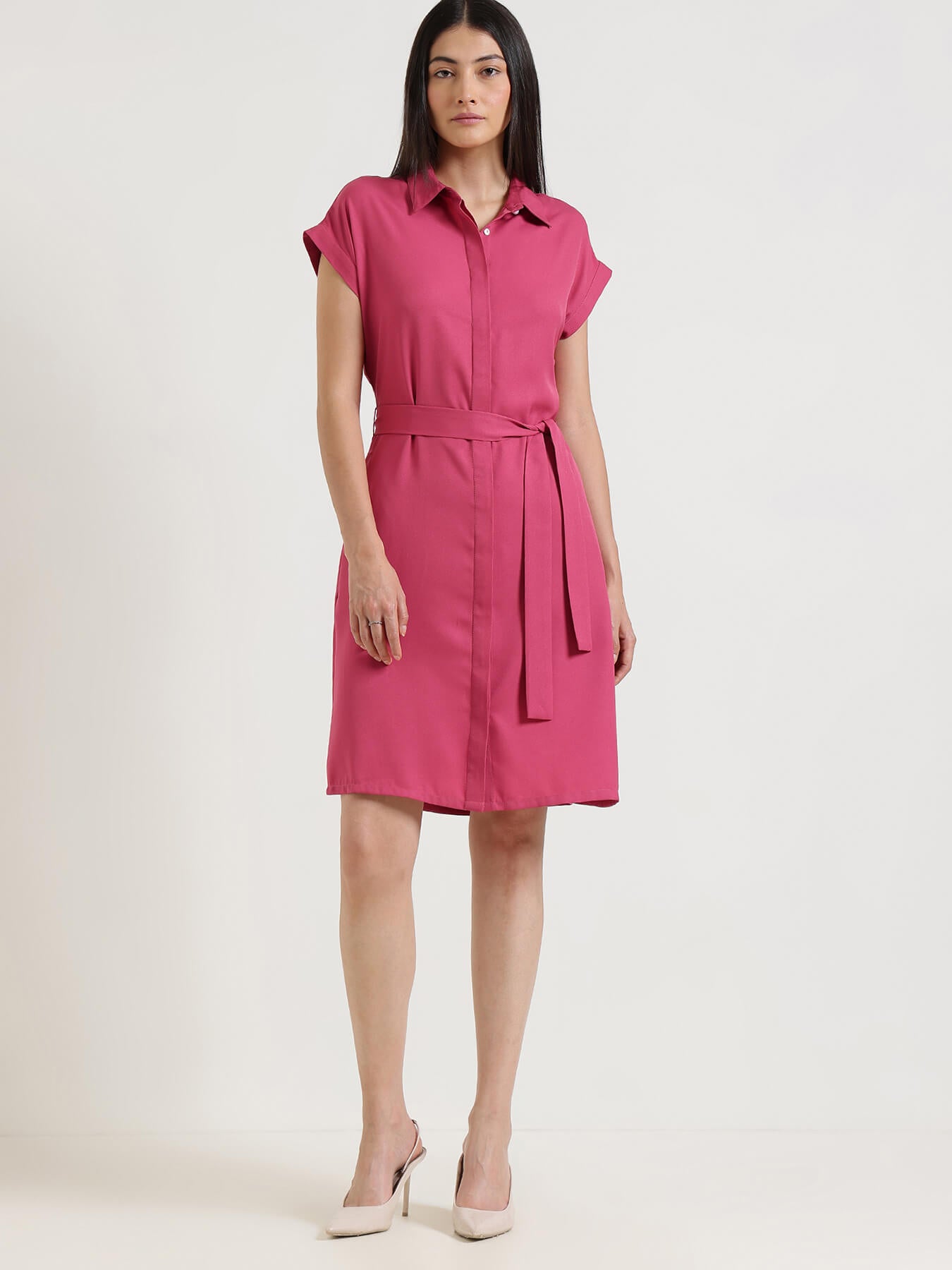 Drop Shoulder Shirt Dress - Pink