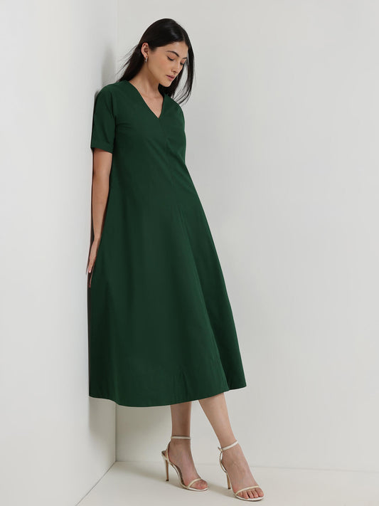 Cotton Fit & Flare Midi Dress - Green