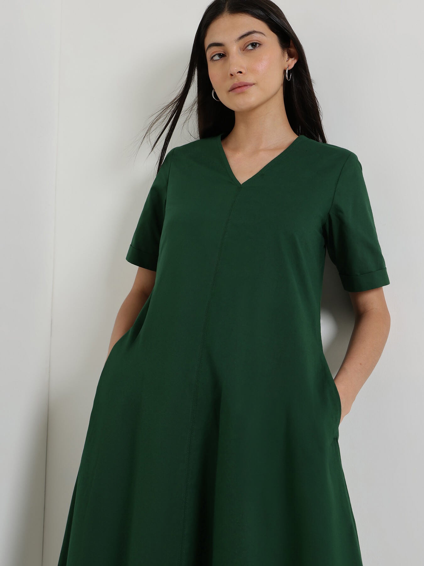 Cotton Fit & Flare Midi Dress - Green