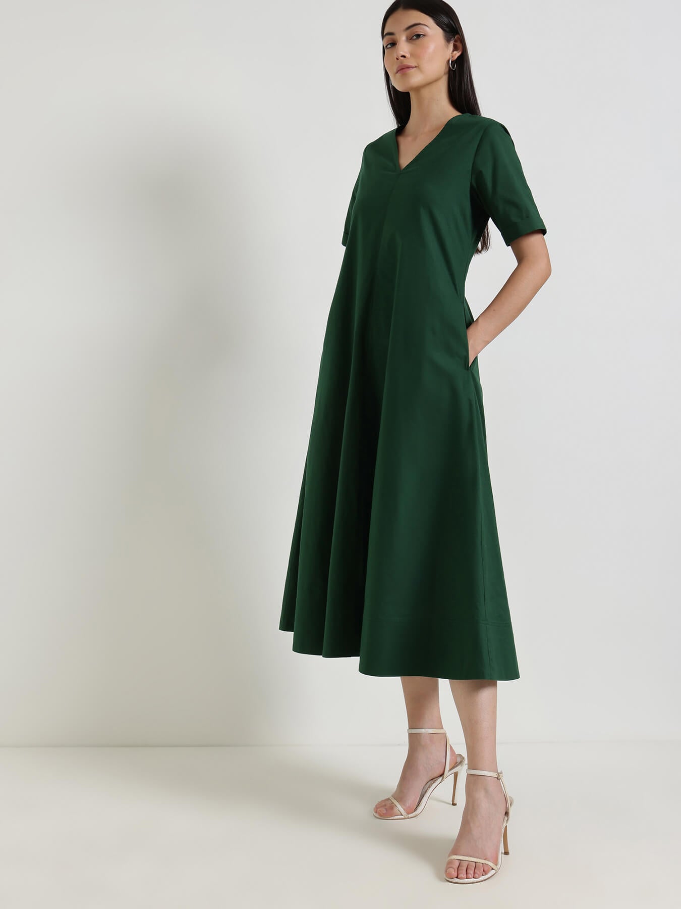 Cotton Fit & Flare Midi Dress - Green