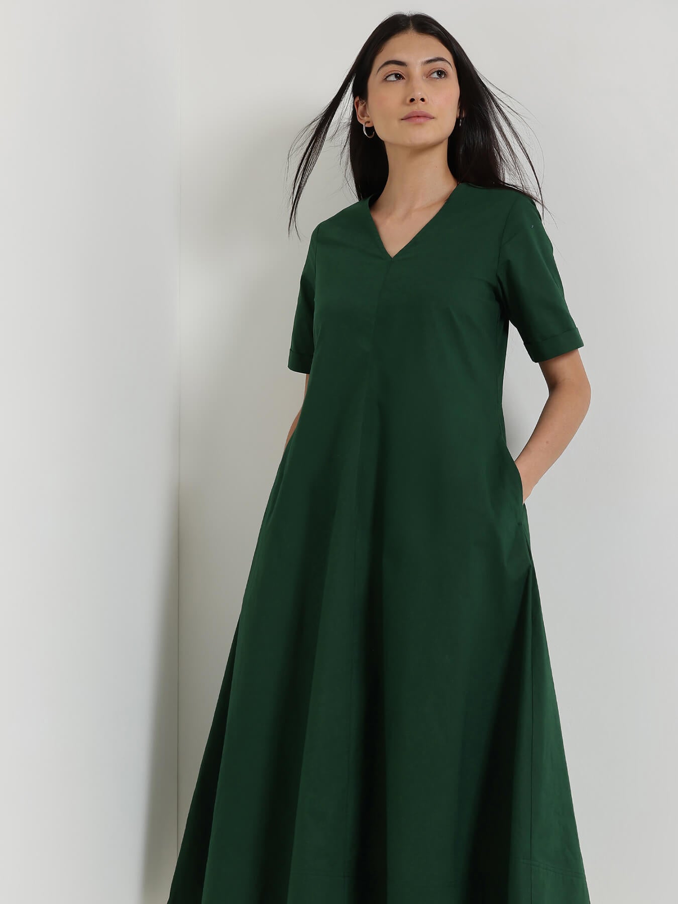 Cotton Fit & Flare Midi Dress - Green