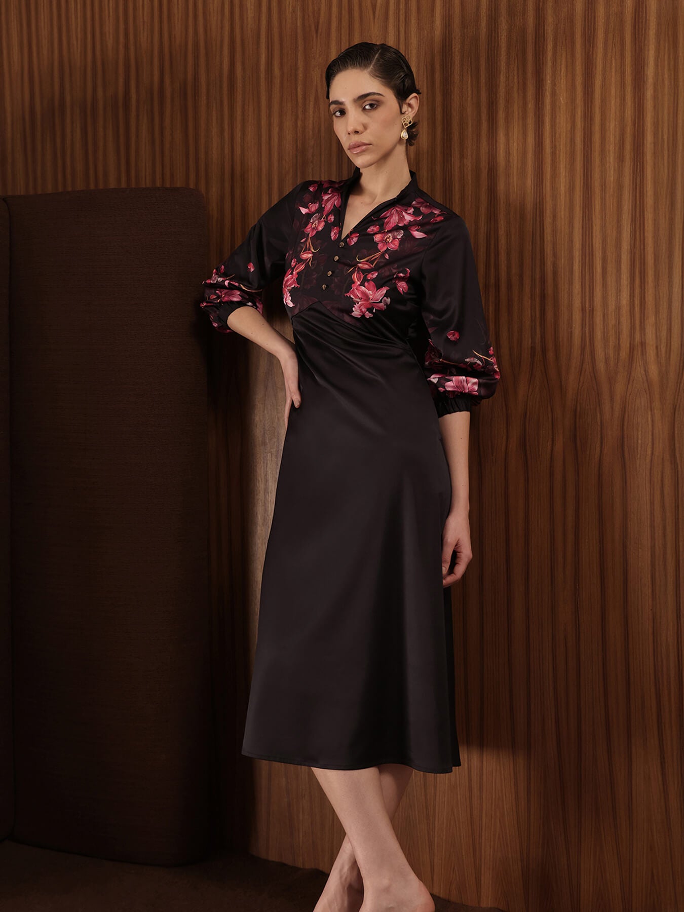 Satin Floral A-Line Dress - Black