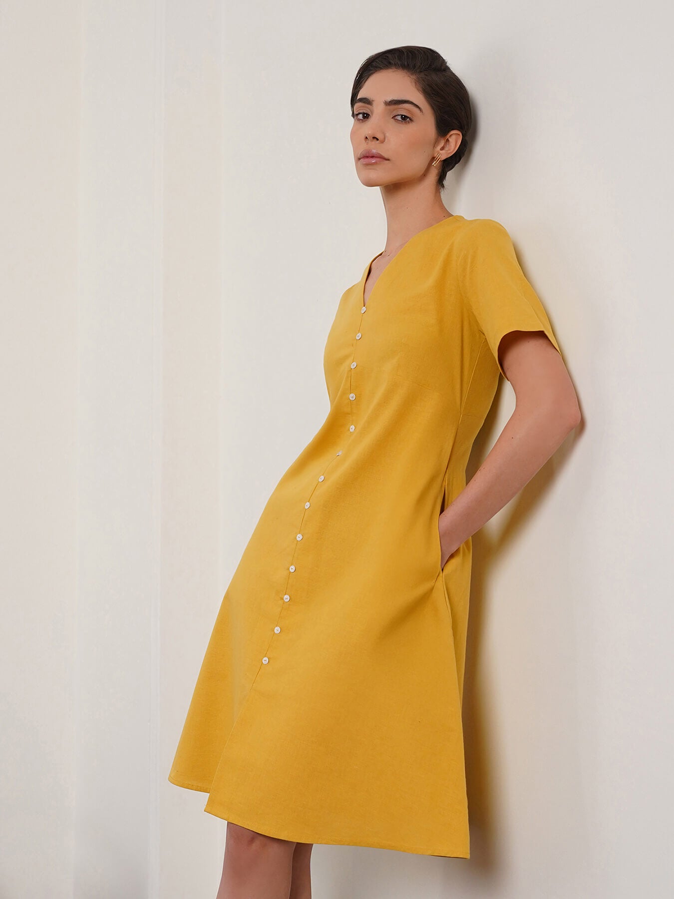 Pure Cotton A-Line Dress - Yellow