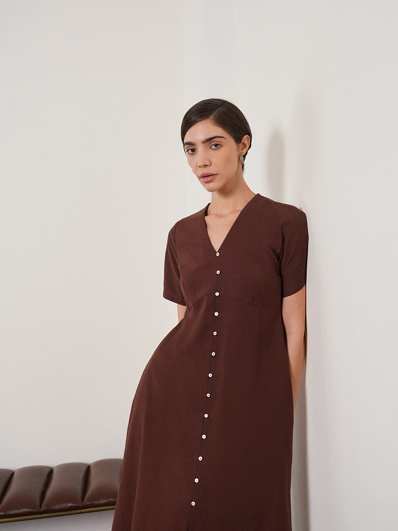 Pure Cotton A-Line Dress - Brown