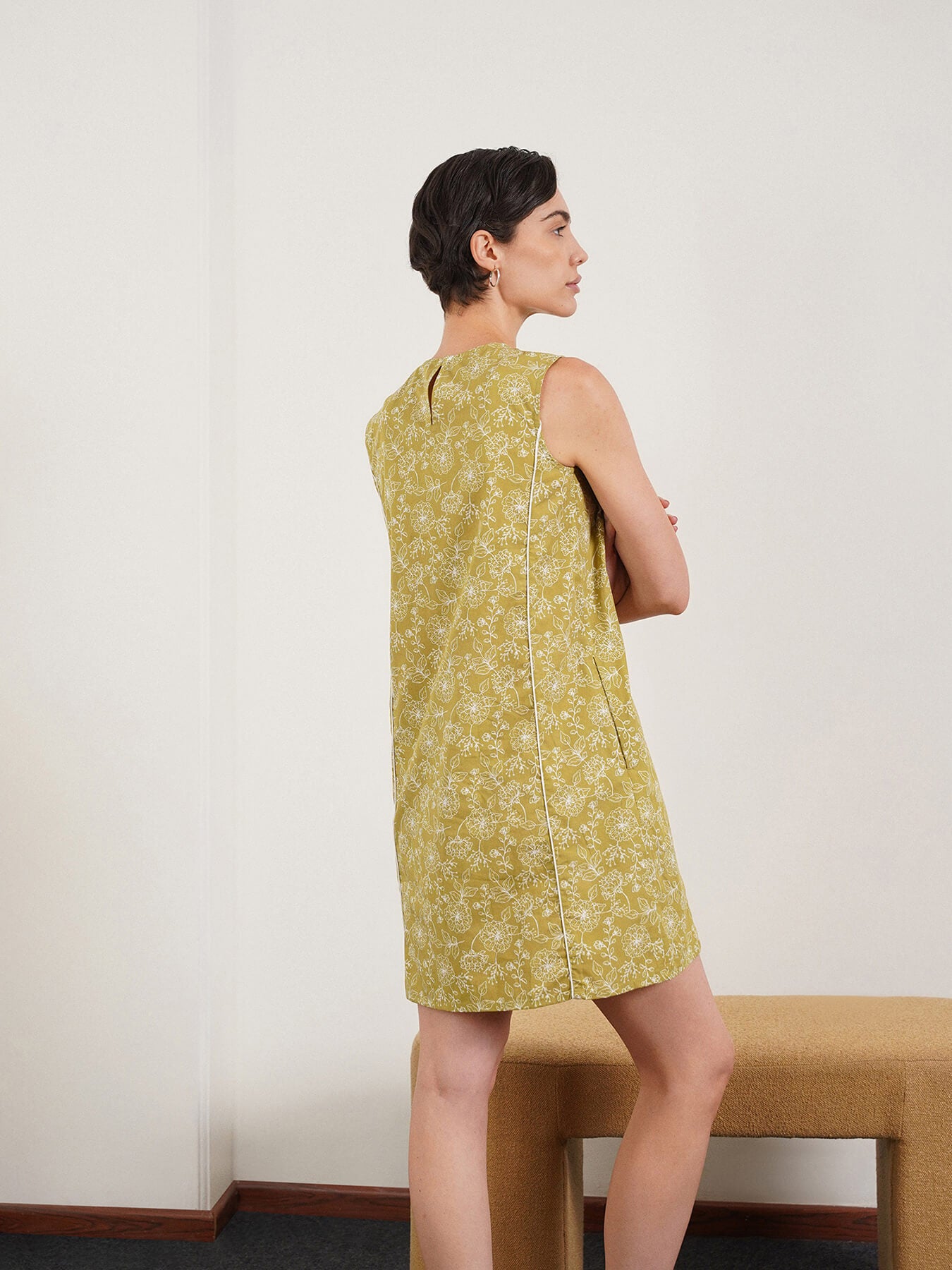 Cotton Floral A-Line Dress - Olive