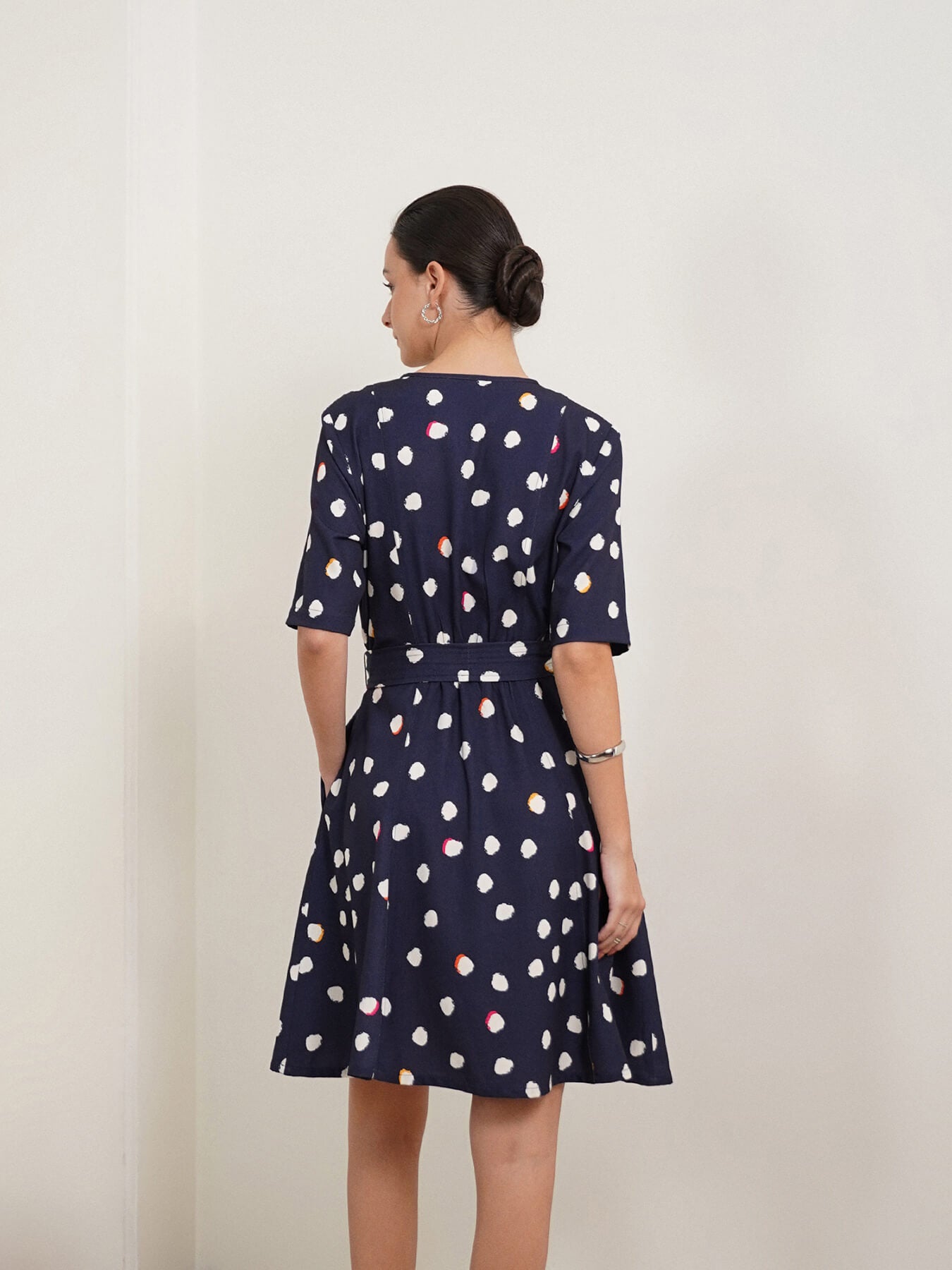 Polka Dot Fit and Flare Dress - Navy Blue