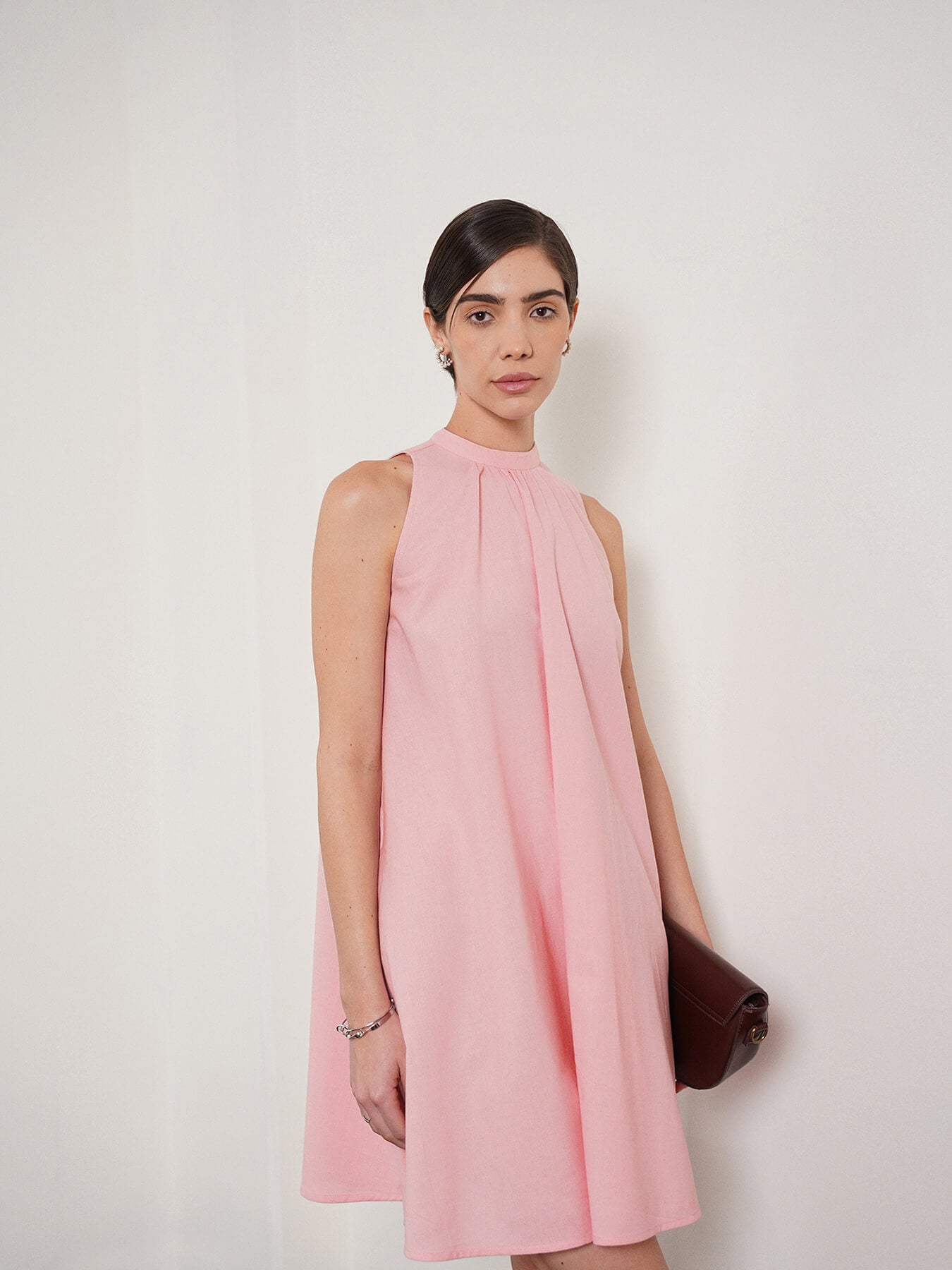 Cotton Halter Neck A-Line Dress - Pink