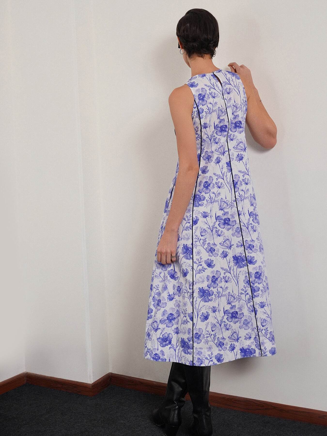 Cotton Floral Fit and Flare Dress - Blue