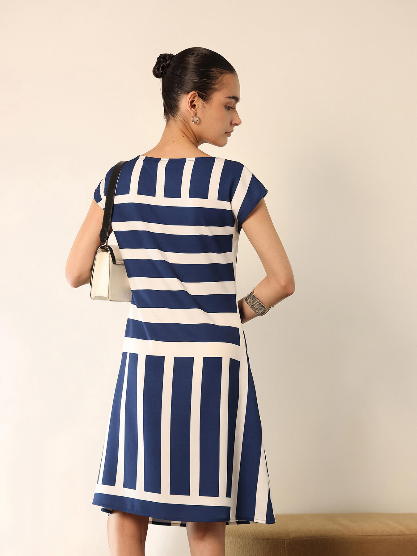 Striped Cowl Neck Shift Dress - Navy Blue