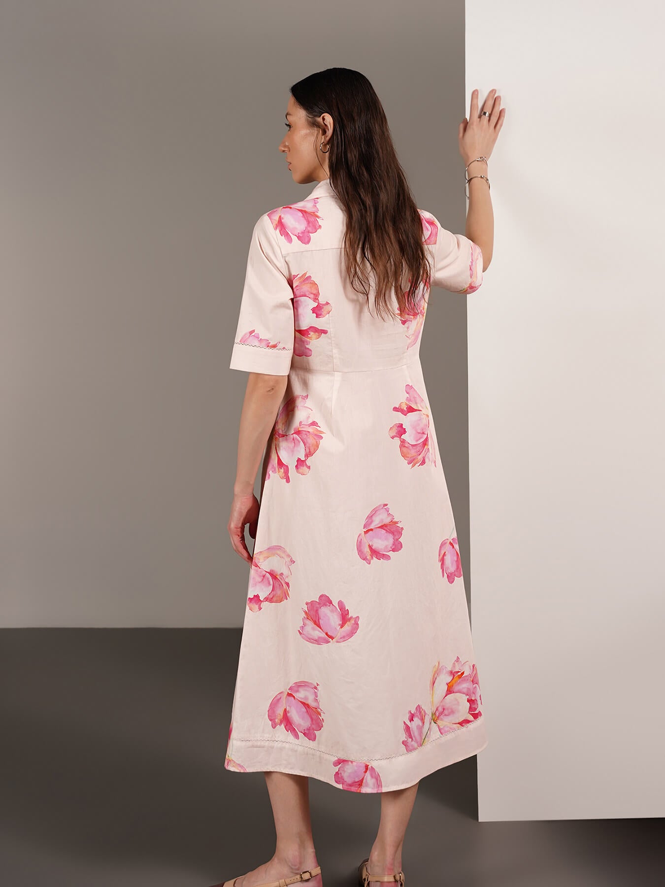 Pure Cotton Floral Fit and Flare Dress - Off-White