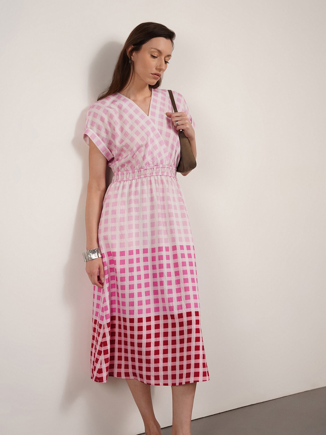 Viscose Checkered Fit And Flare Dress - Pink