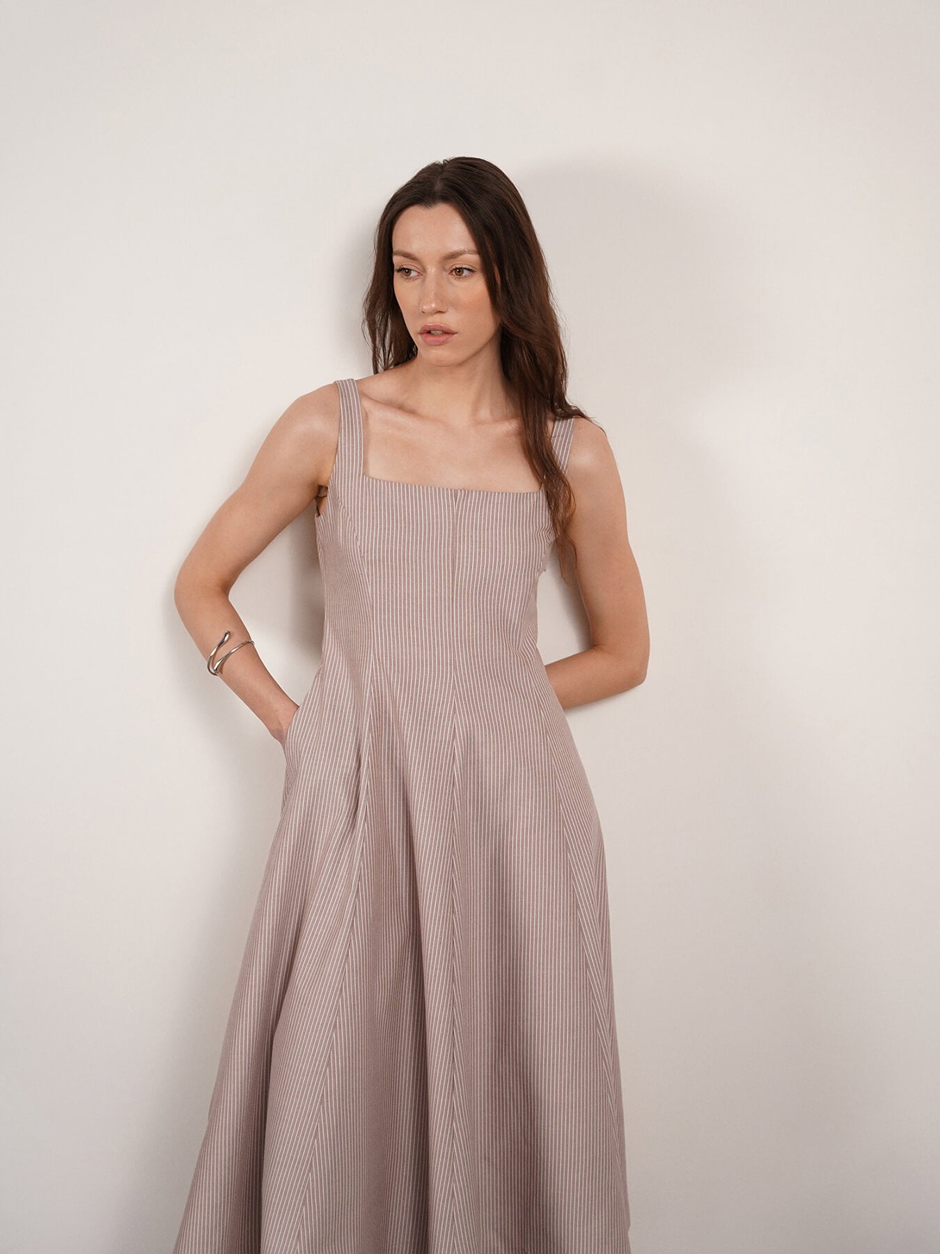 Cotton Striped Fit and Flare Dress - Brown