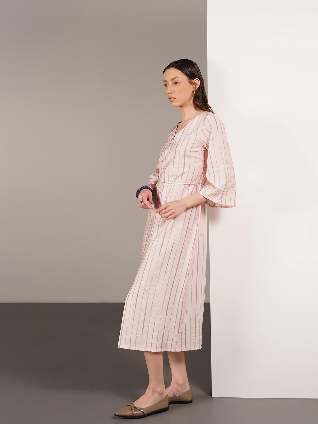 Viscose Striped A-Line Dress - Peach