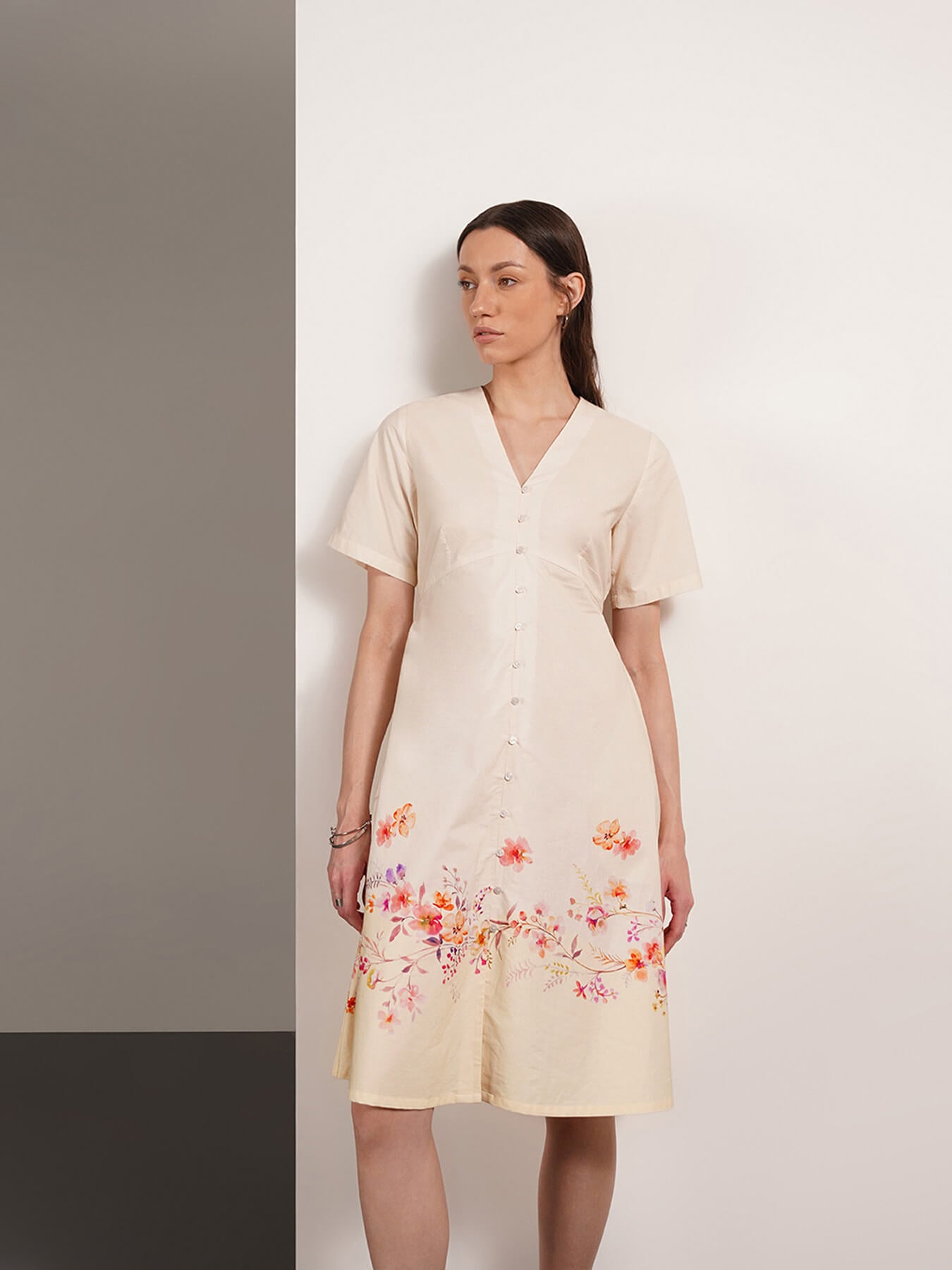 Pure Cotton Floral A-Line Dress - Off White