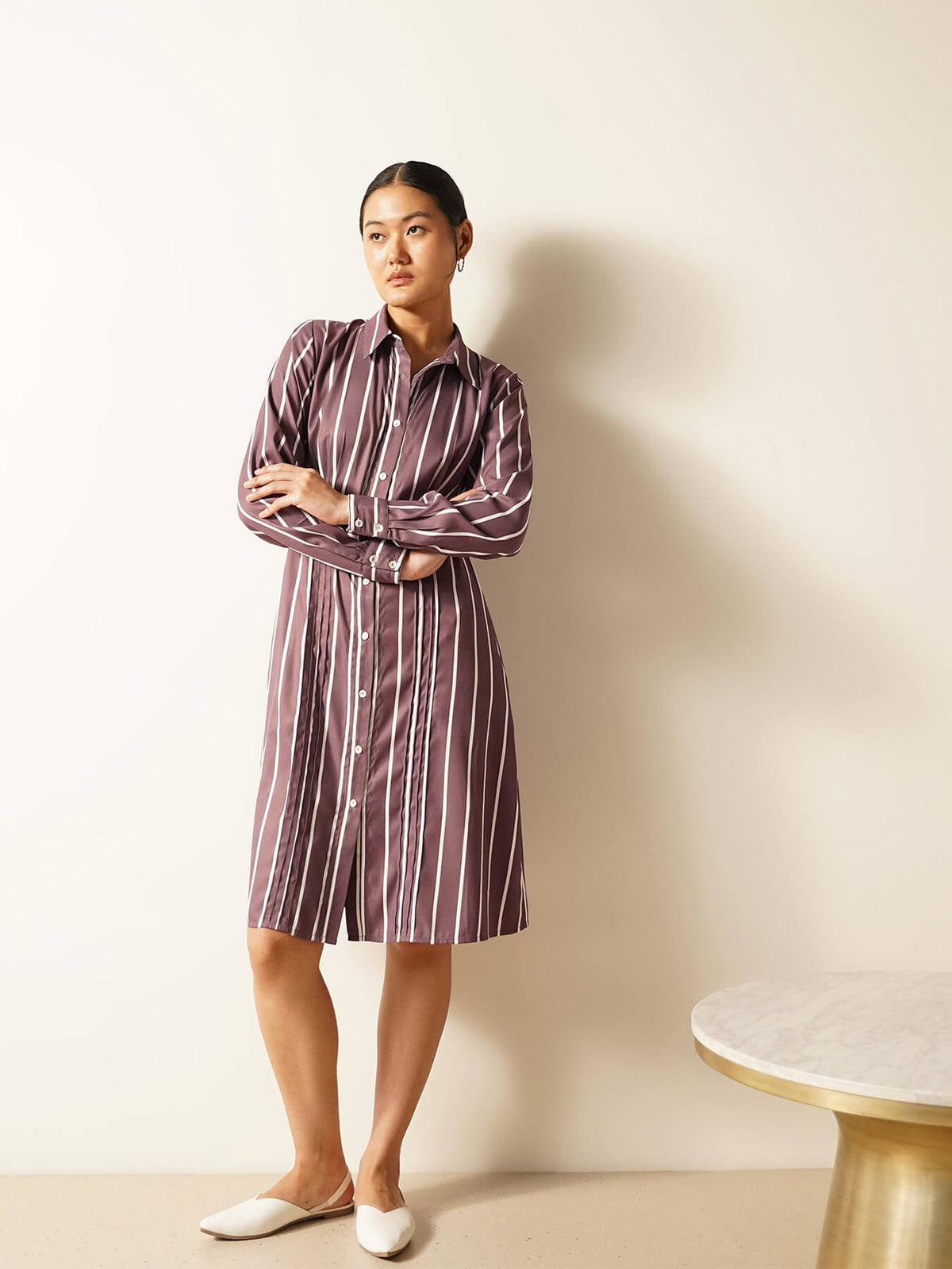 Striped A-Line Shirt Dress - Brown