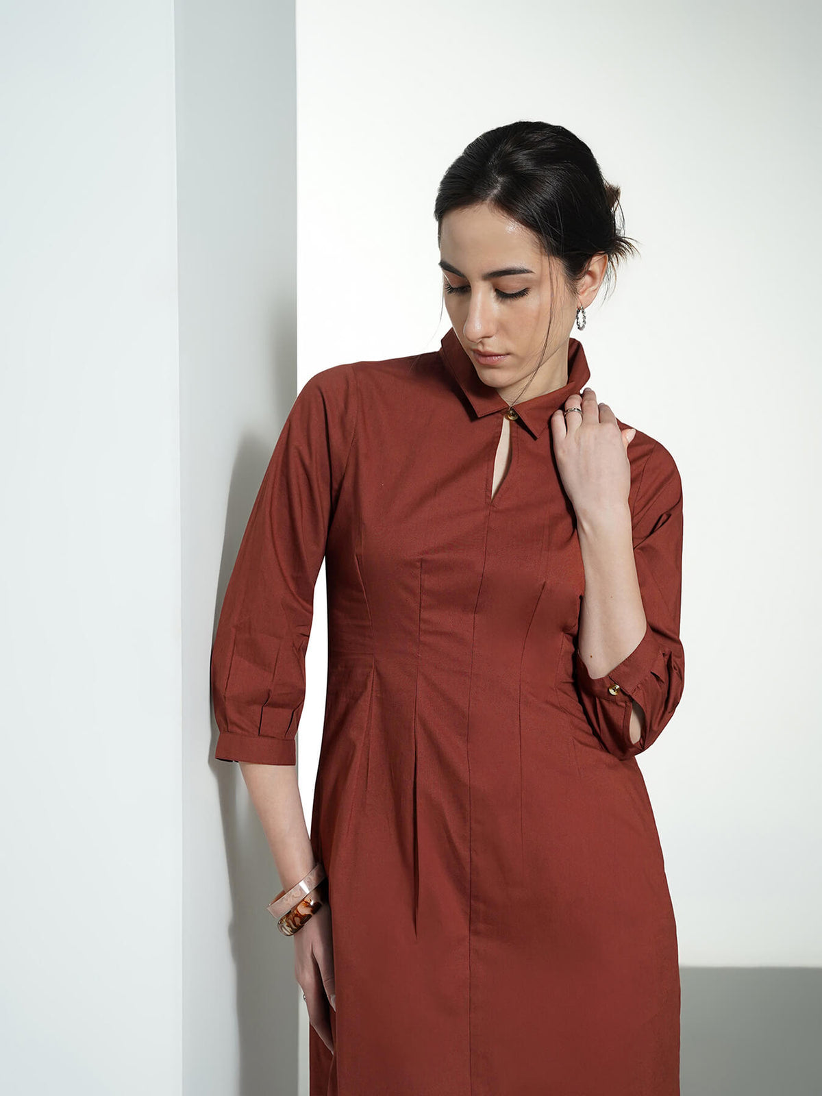 Pure Cotton Shift Dress - Brown