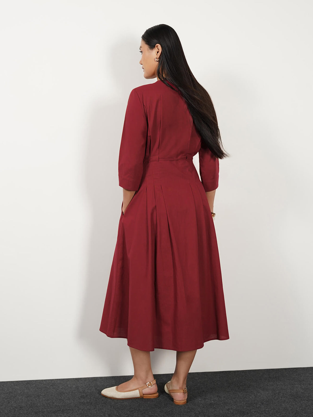 Cotton Fit & Flare Dress - Maroon