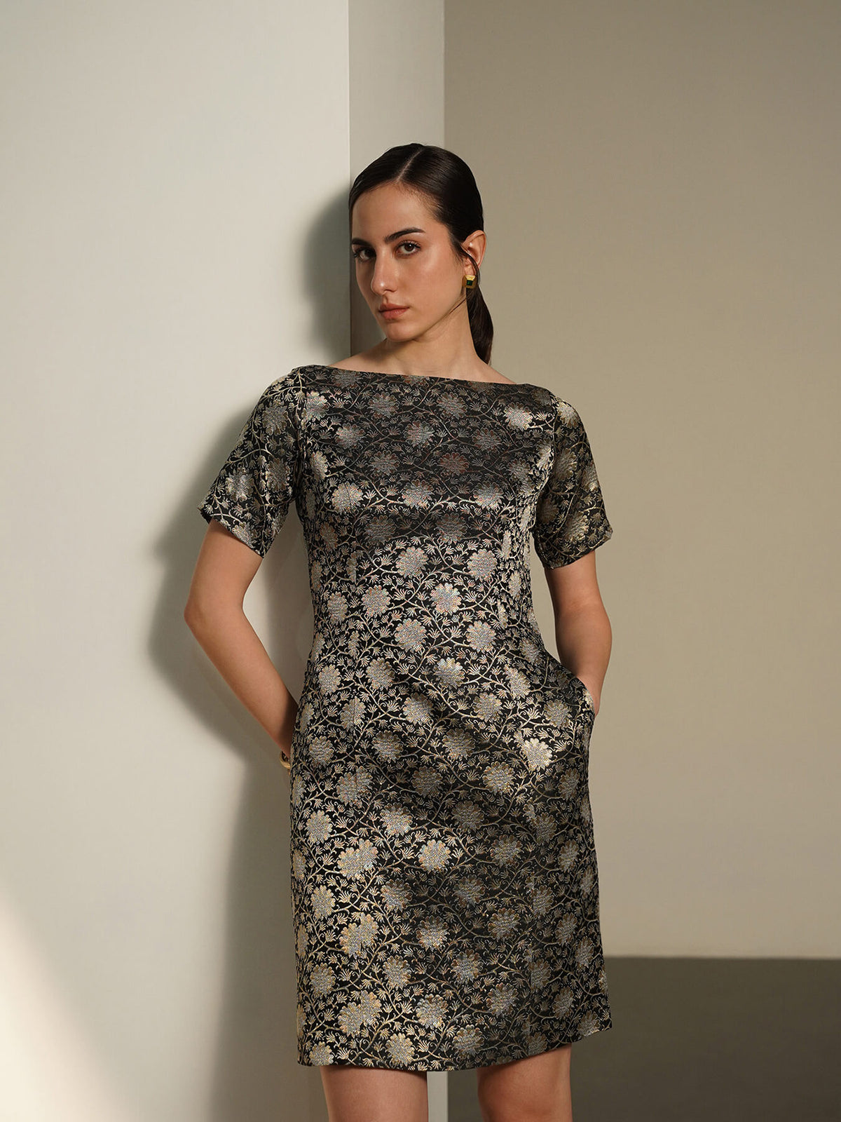Brocade Boat Neck Dress - Black