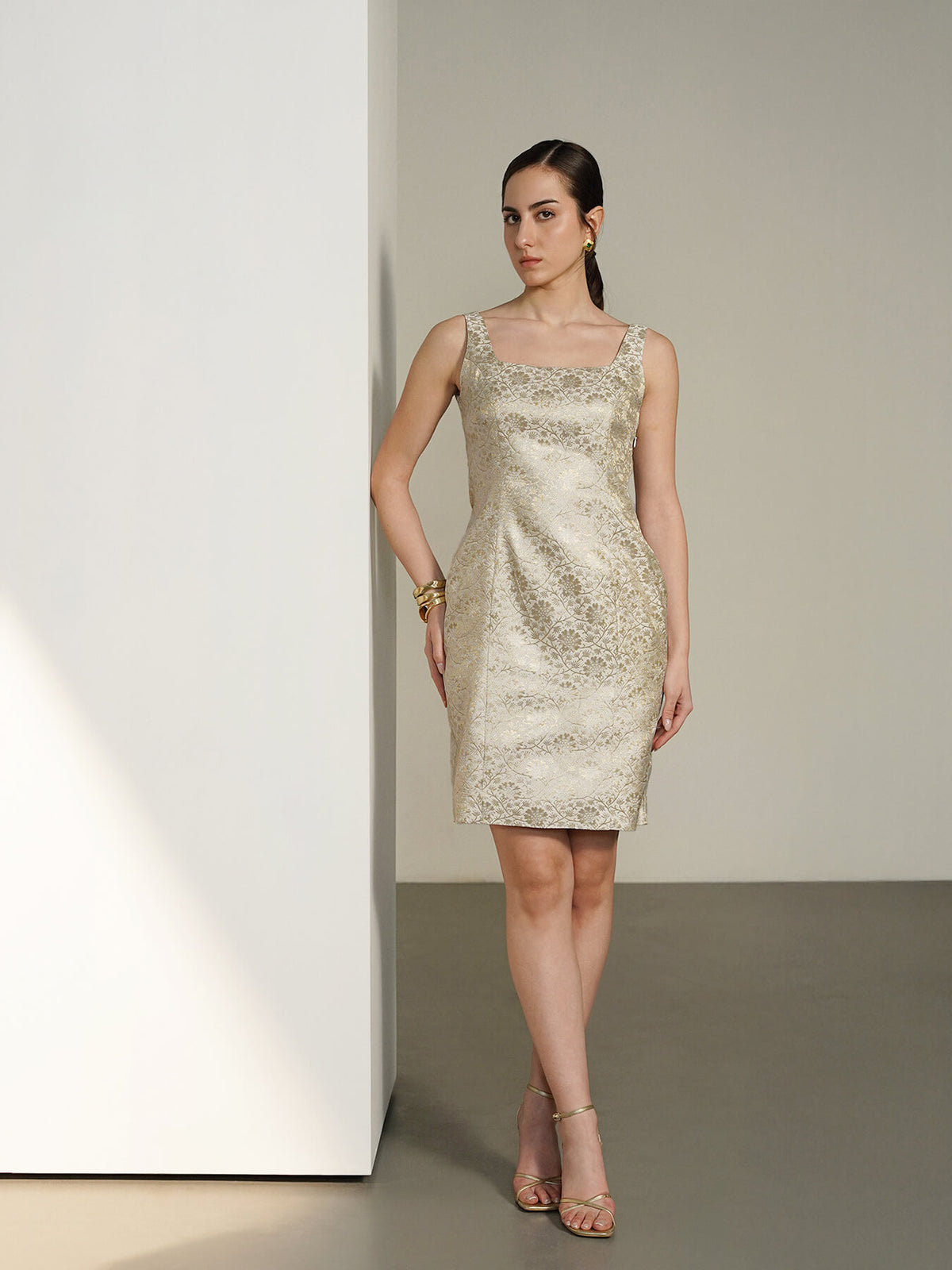 Brocade Square Neck Dress - White