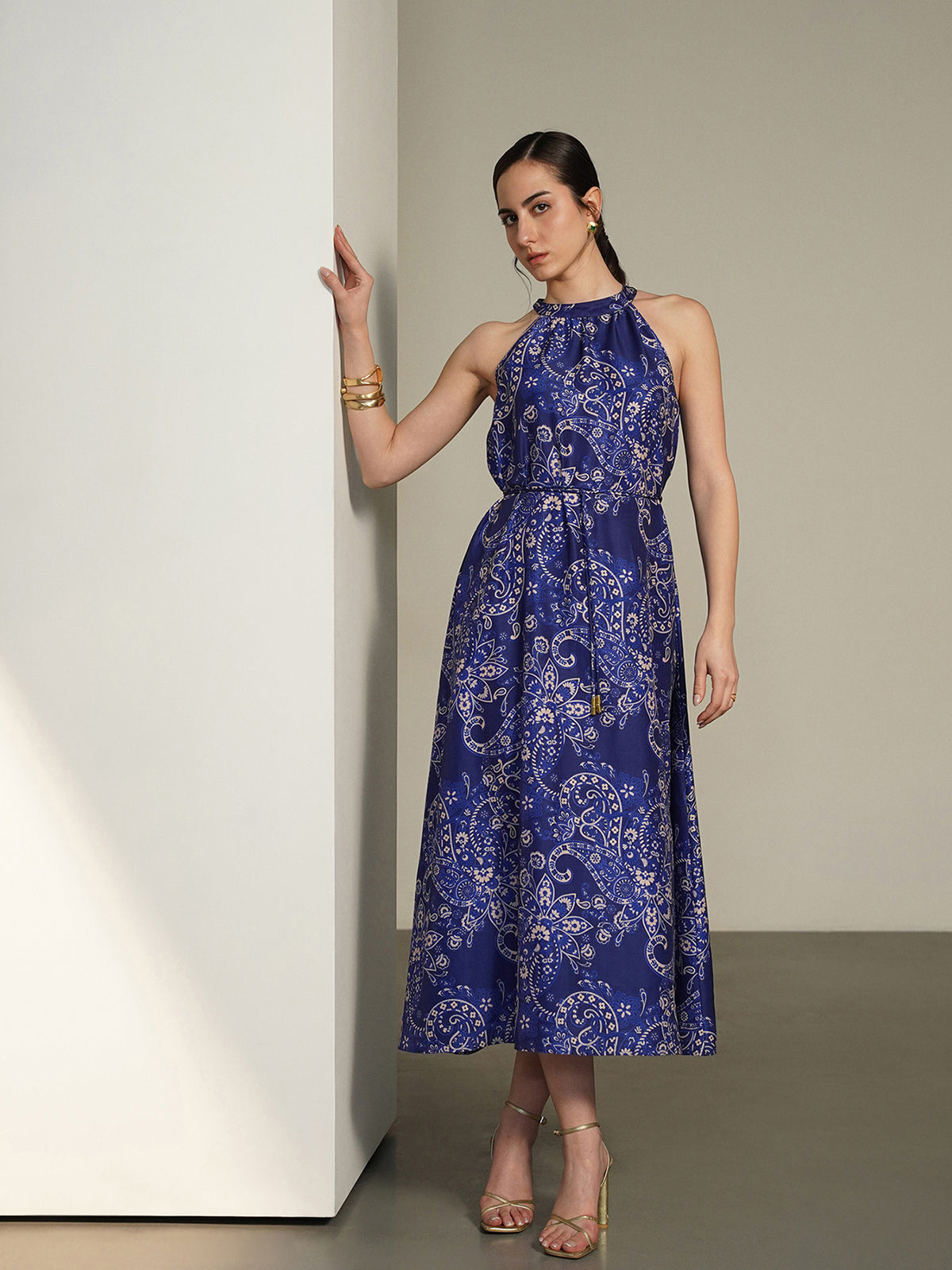 Printed Halter Neck Dress - Blue
