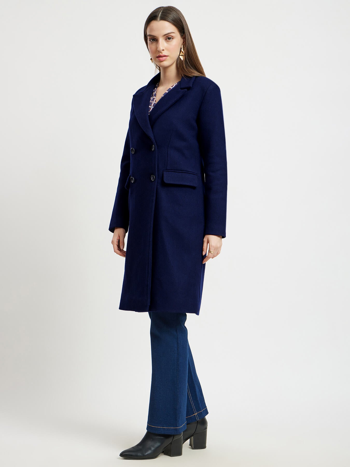 Double Breasted Winter Felt Overcoat - Navy Blue