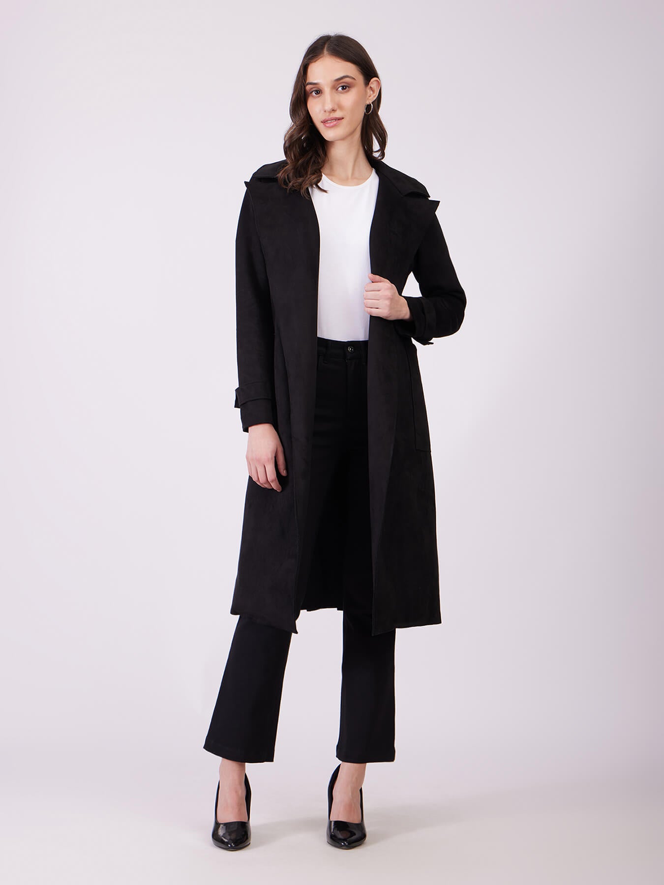 Faux Suede Double Breasted Overcoat - Black