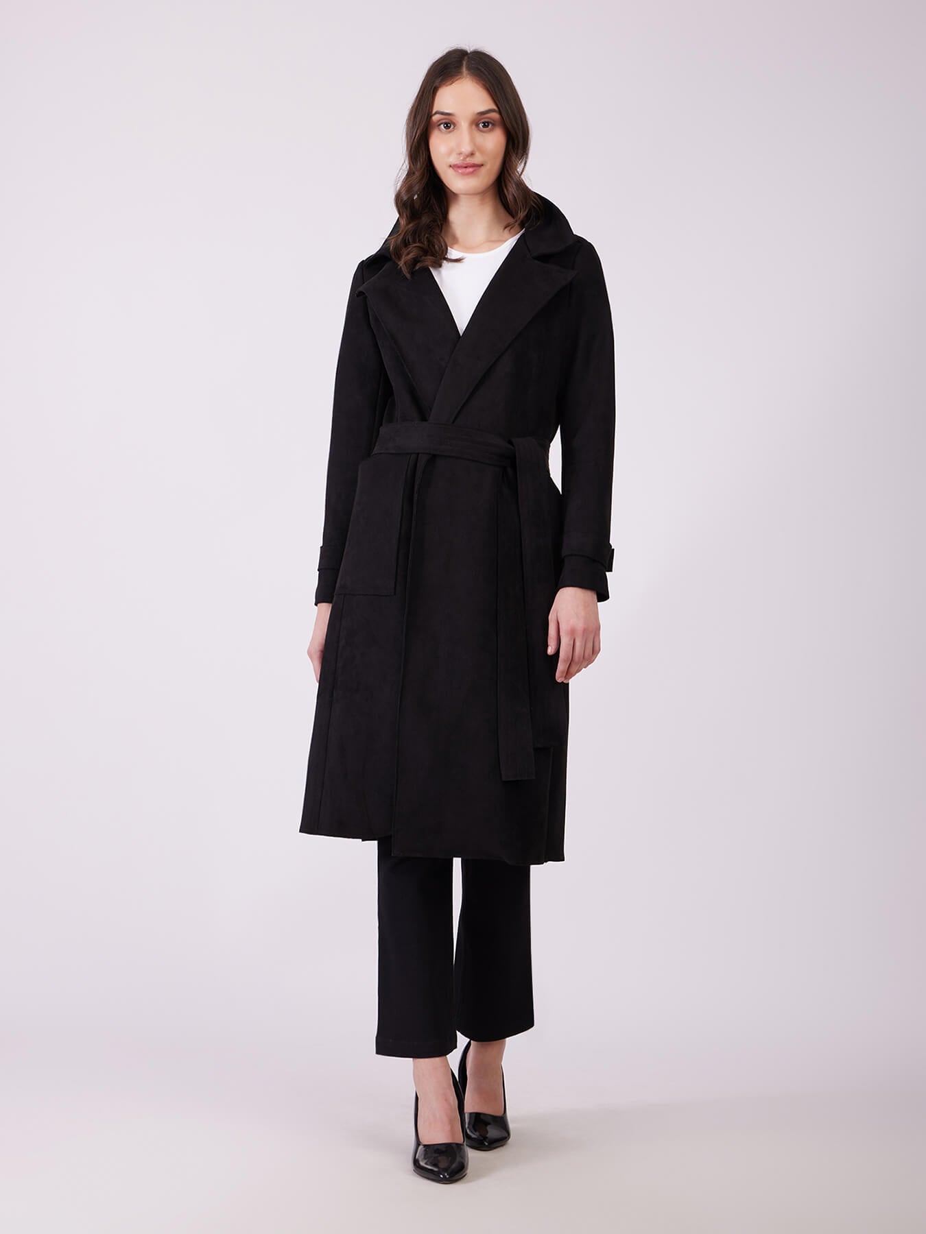 Faux Suede Double Breasted Overcoat - Black