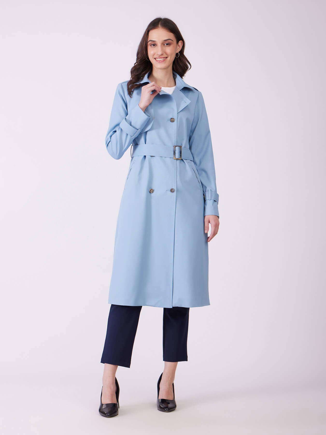 Double Breasted Belted Trench Coat - Sky Blue