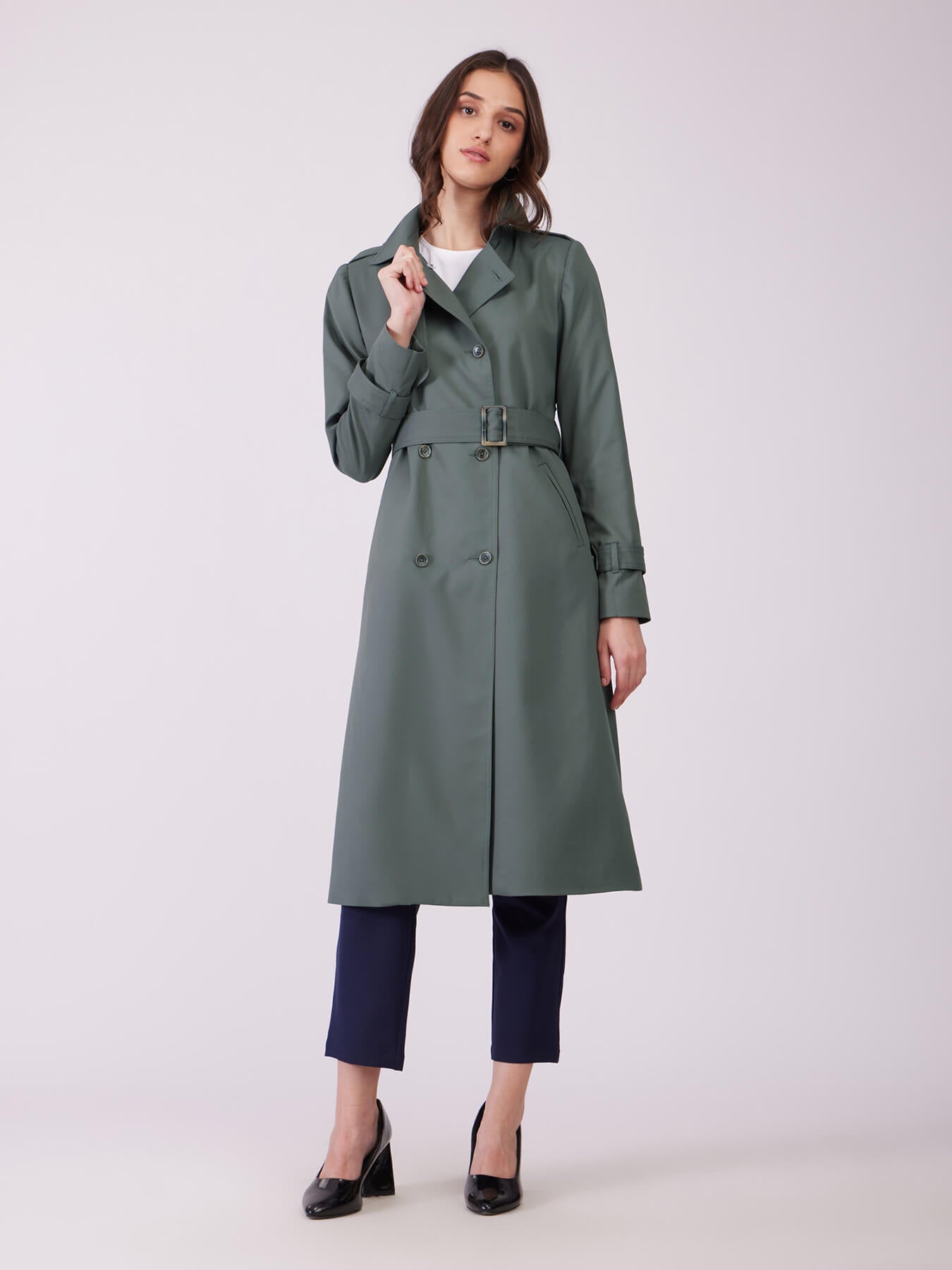 Double Breasted Belted Trench Coat - Khaki