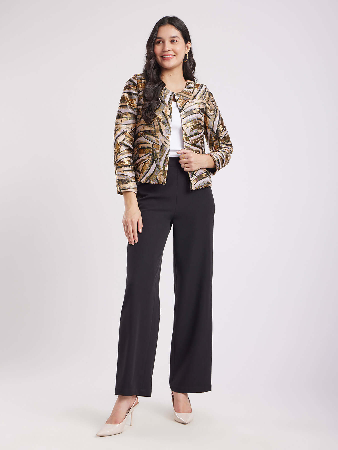 Jacquard Open Front Jacket - Beige And Gold