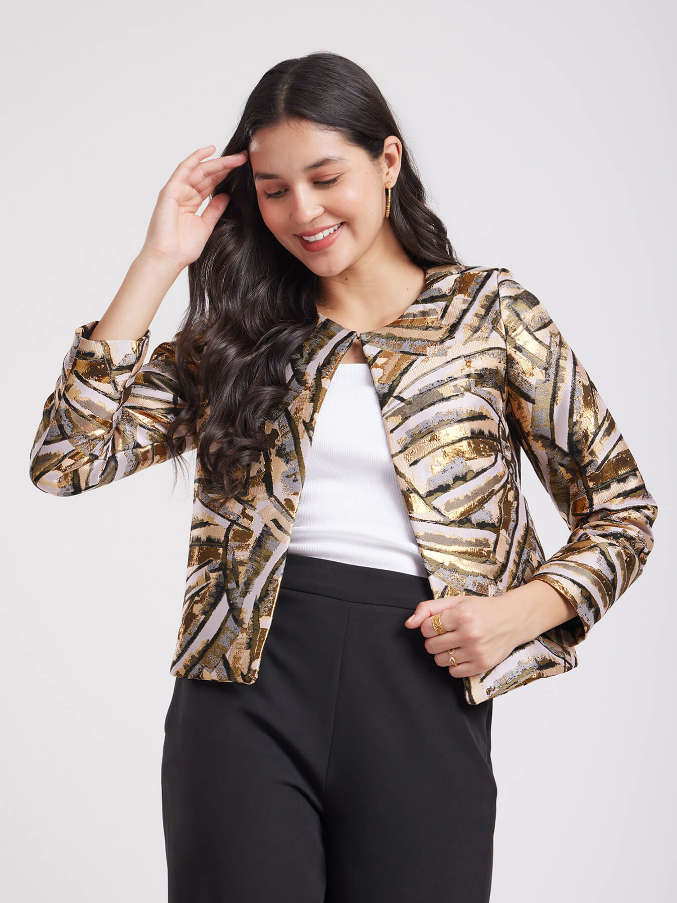 Jacquard Open Front Jacket - Beige And Gold