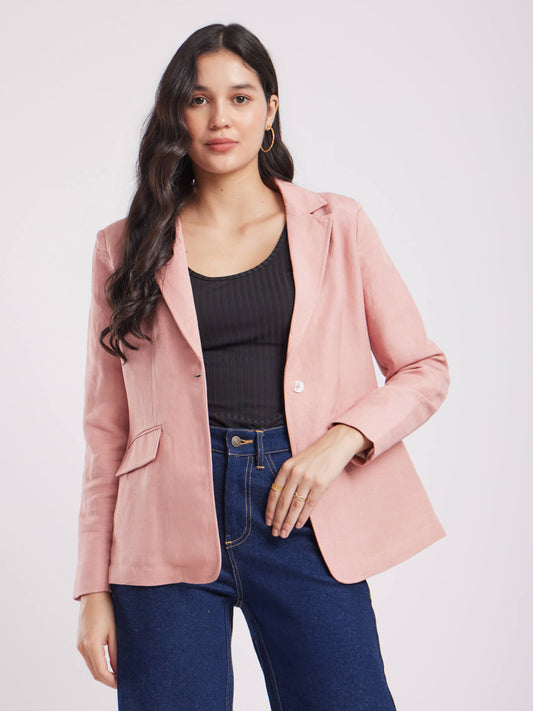 Linen Single Breasted Blazer - Dusty Pink