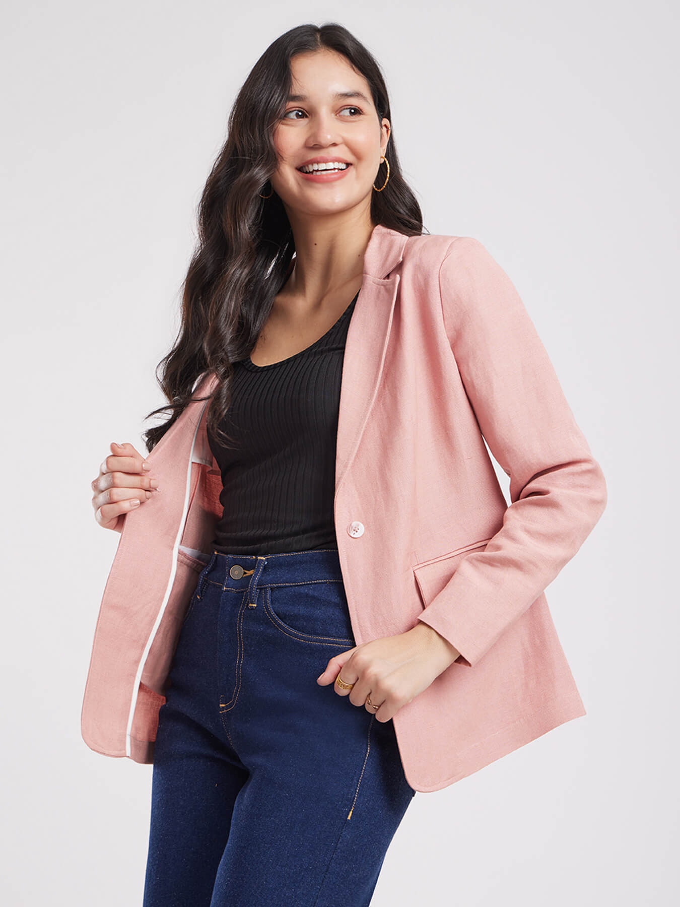 Linen Single Breasted Blazer - Dusty Pink