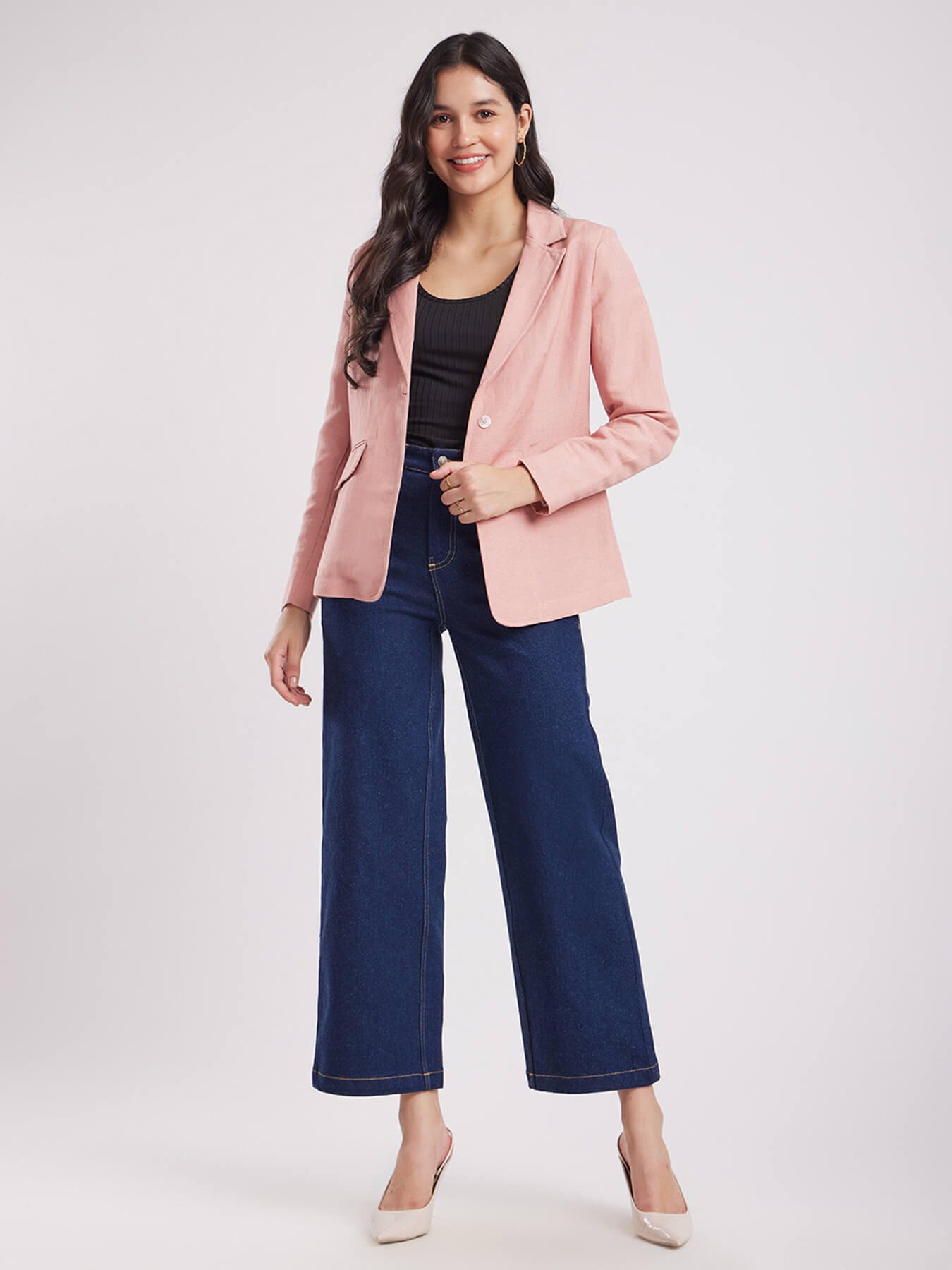 Linen Single Breasted Blazer - Dusty Pink