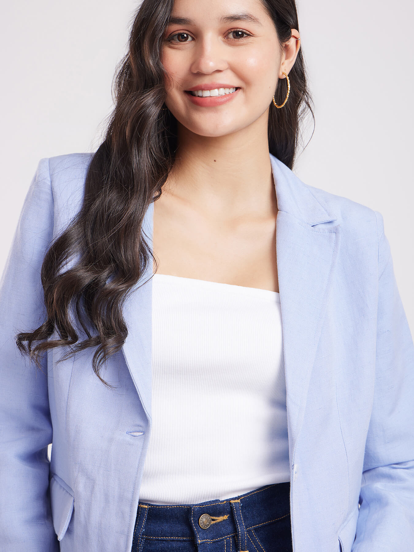 Linen Single Breasted Blazer - Light Blue