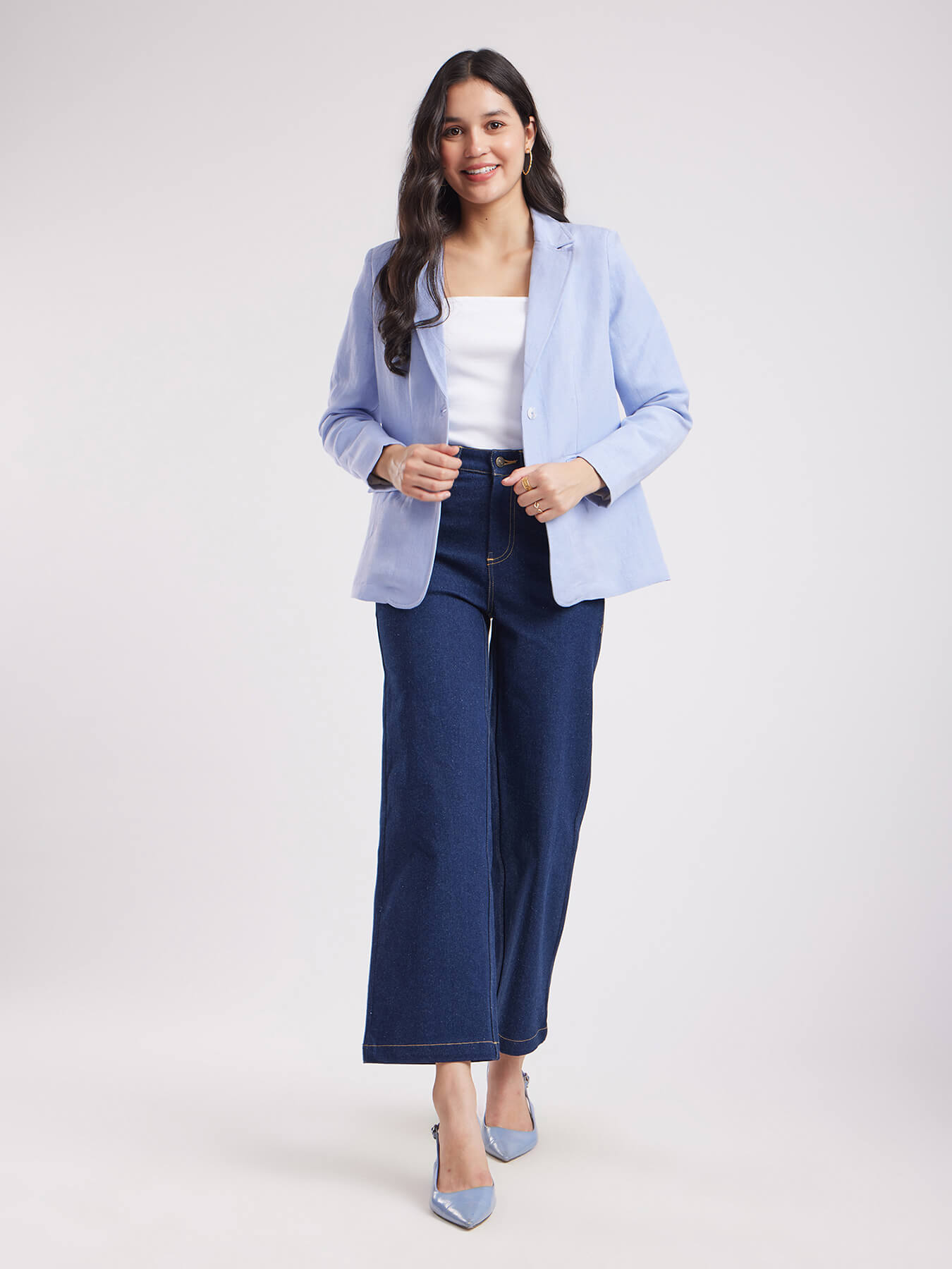 Linen Single Breasted Blazer - Light Blue