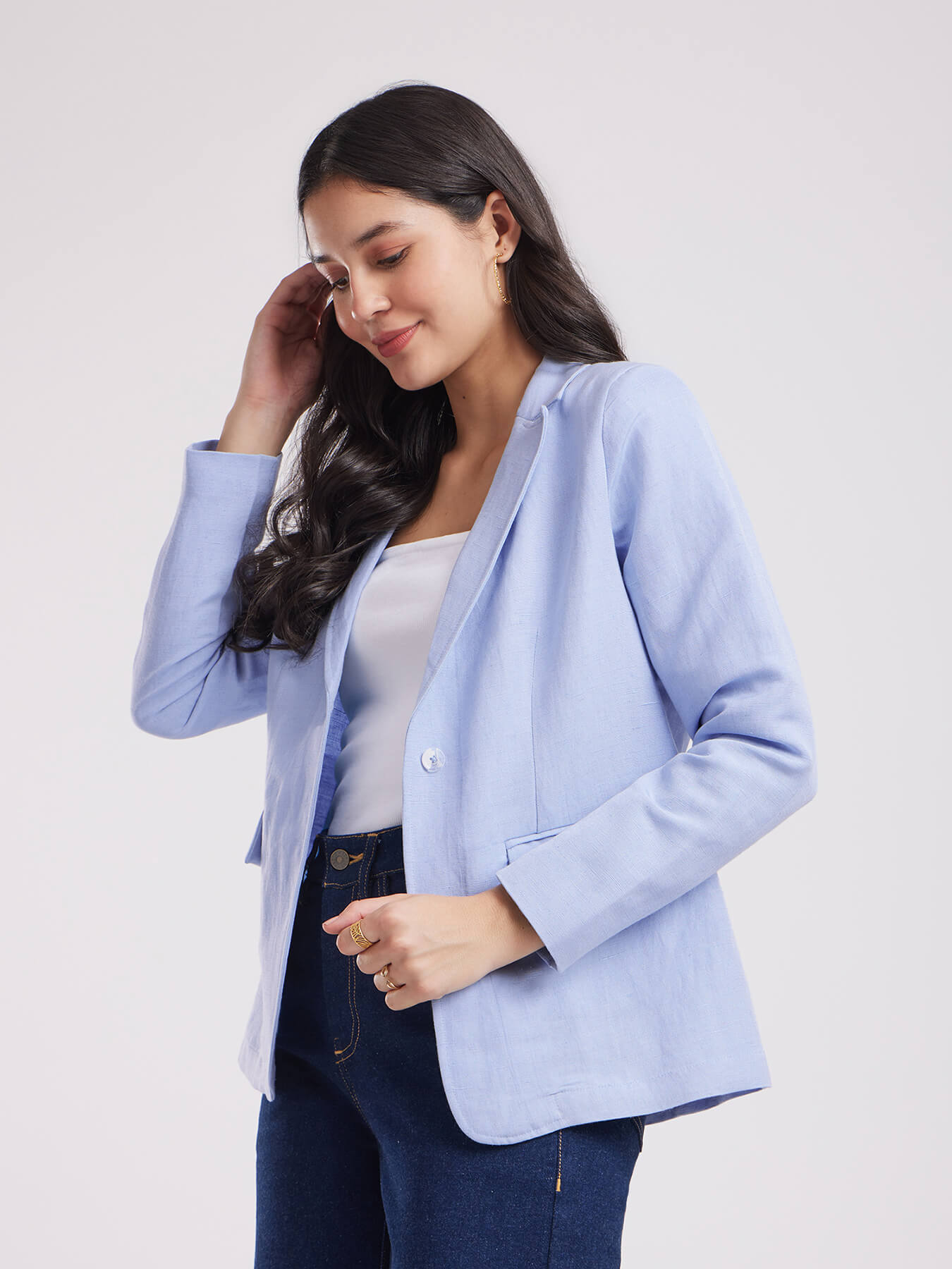 Linen Single Breasted Blazer - Light Blue