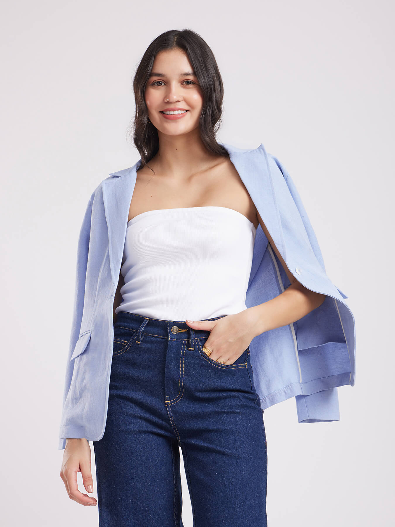 Linen Single Breasted Blazer - Light Blue