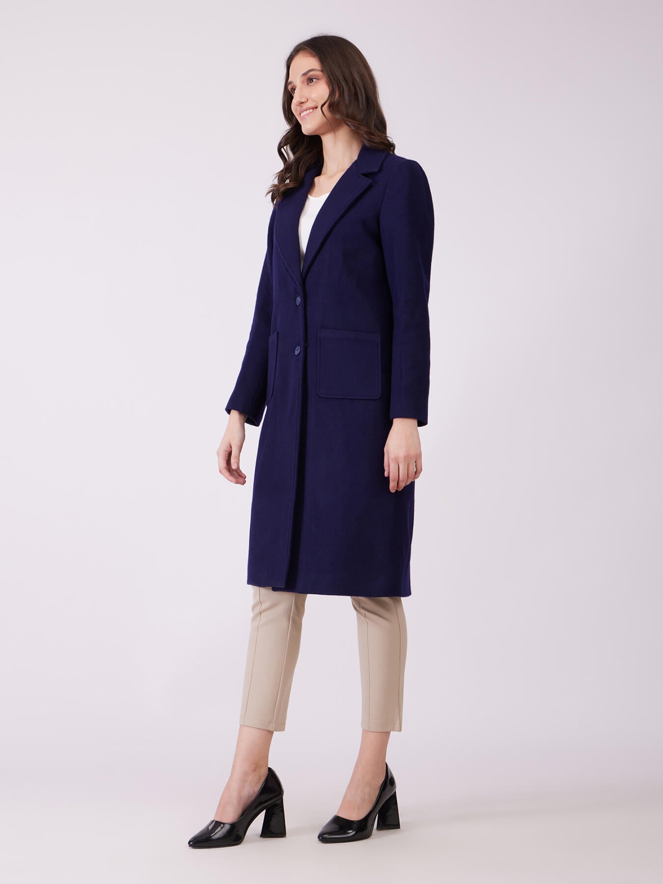 Long Felted Lined Overcoat - Navy