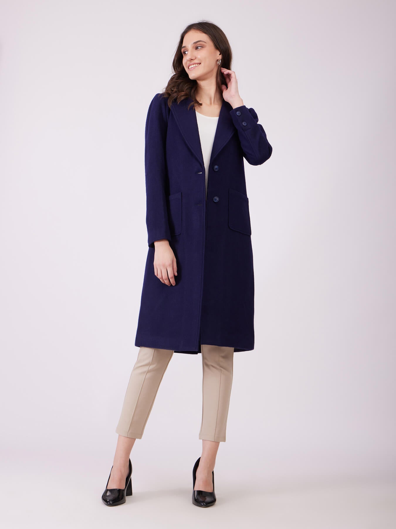 Long Felted Lined Overcoat - Navy
