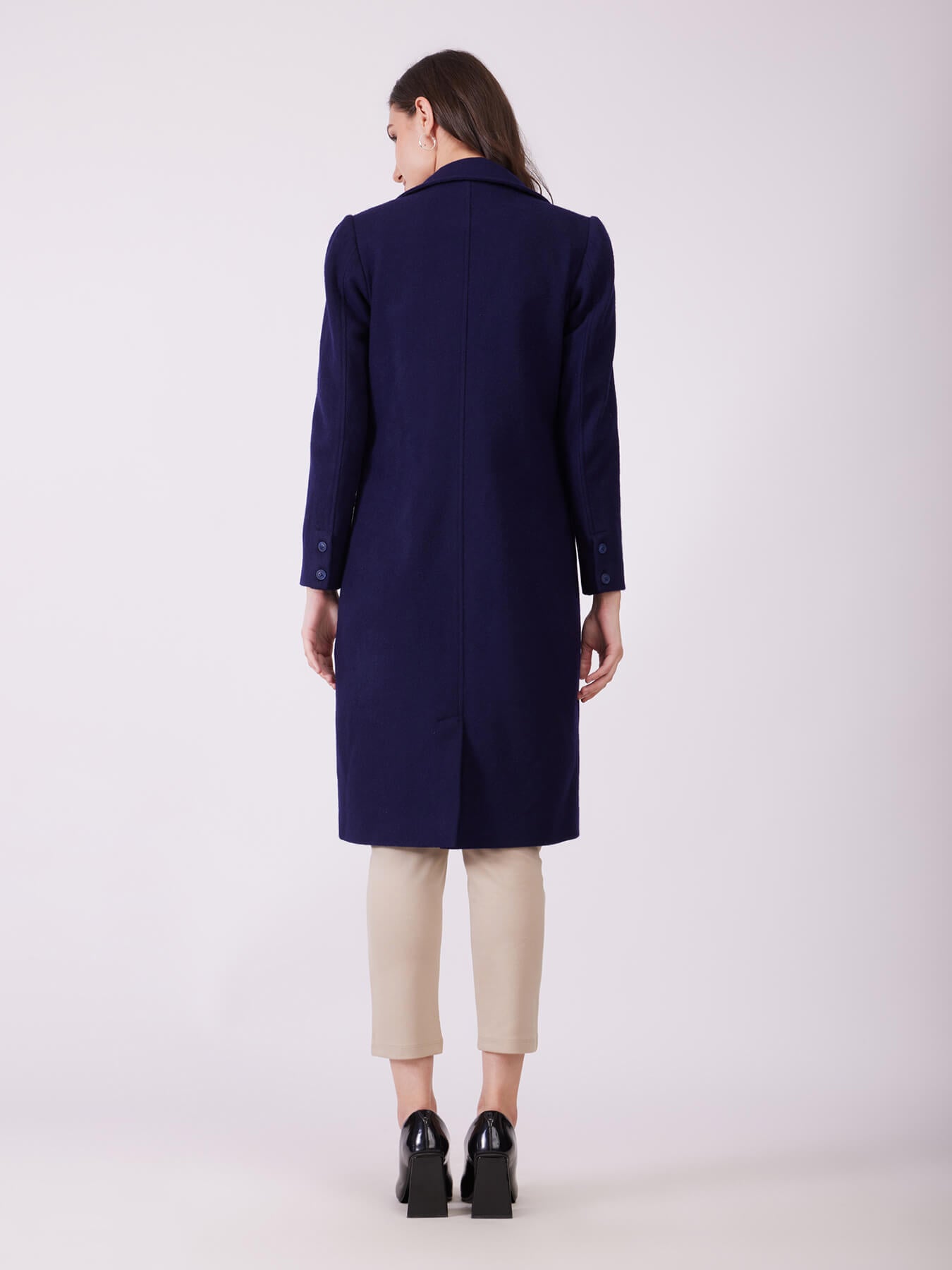 Long Felted Lined Overcoat - Navy
