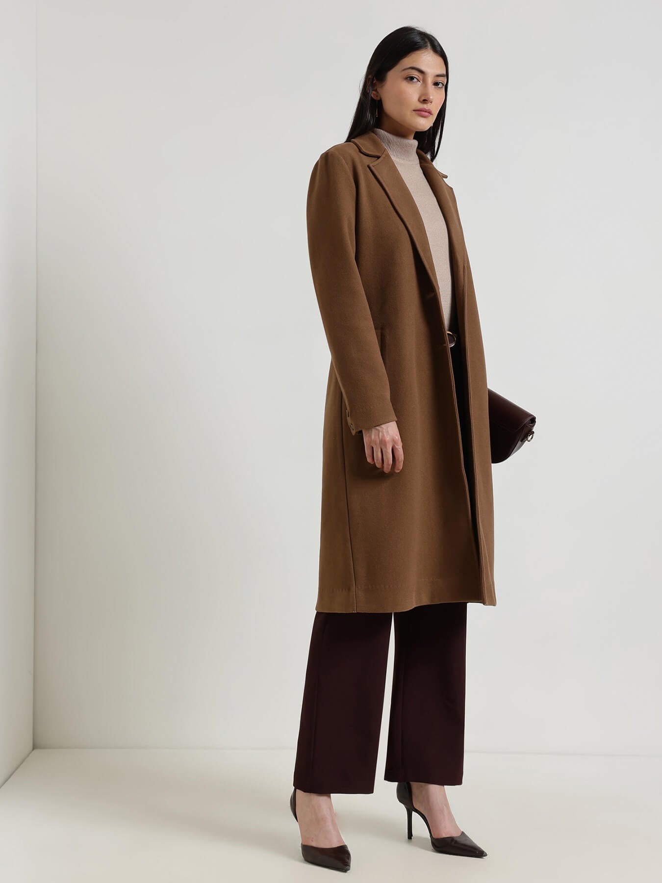 Single Breasted Long Overcoat - Brown