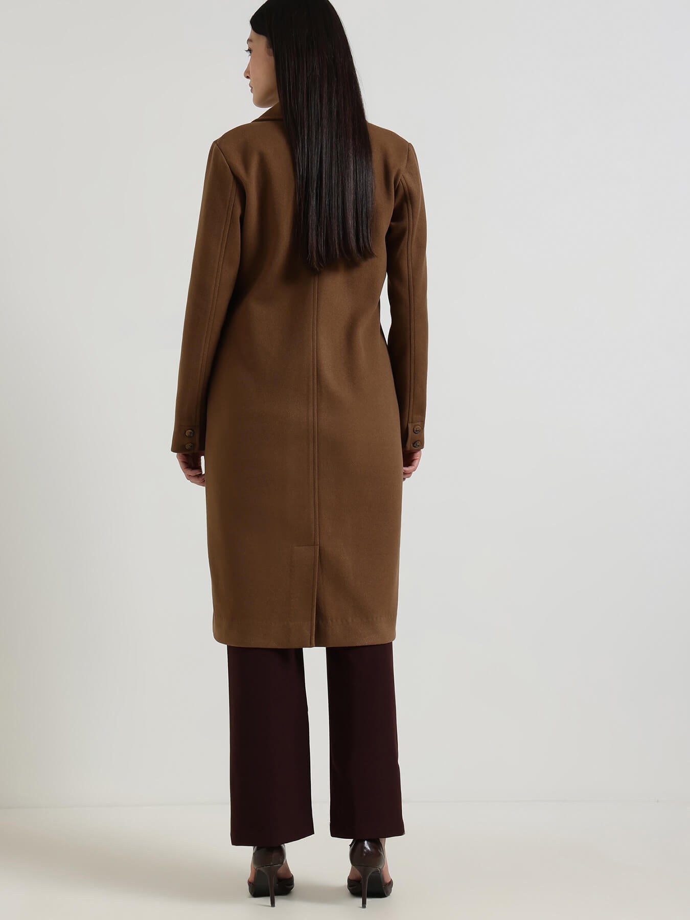 Single Breasted Long Overcoat - Brown