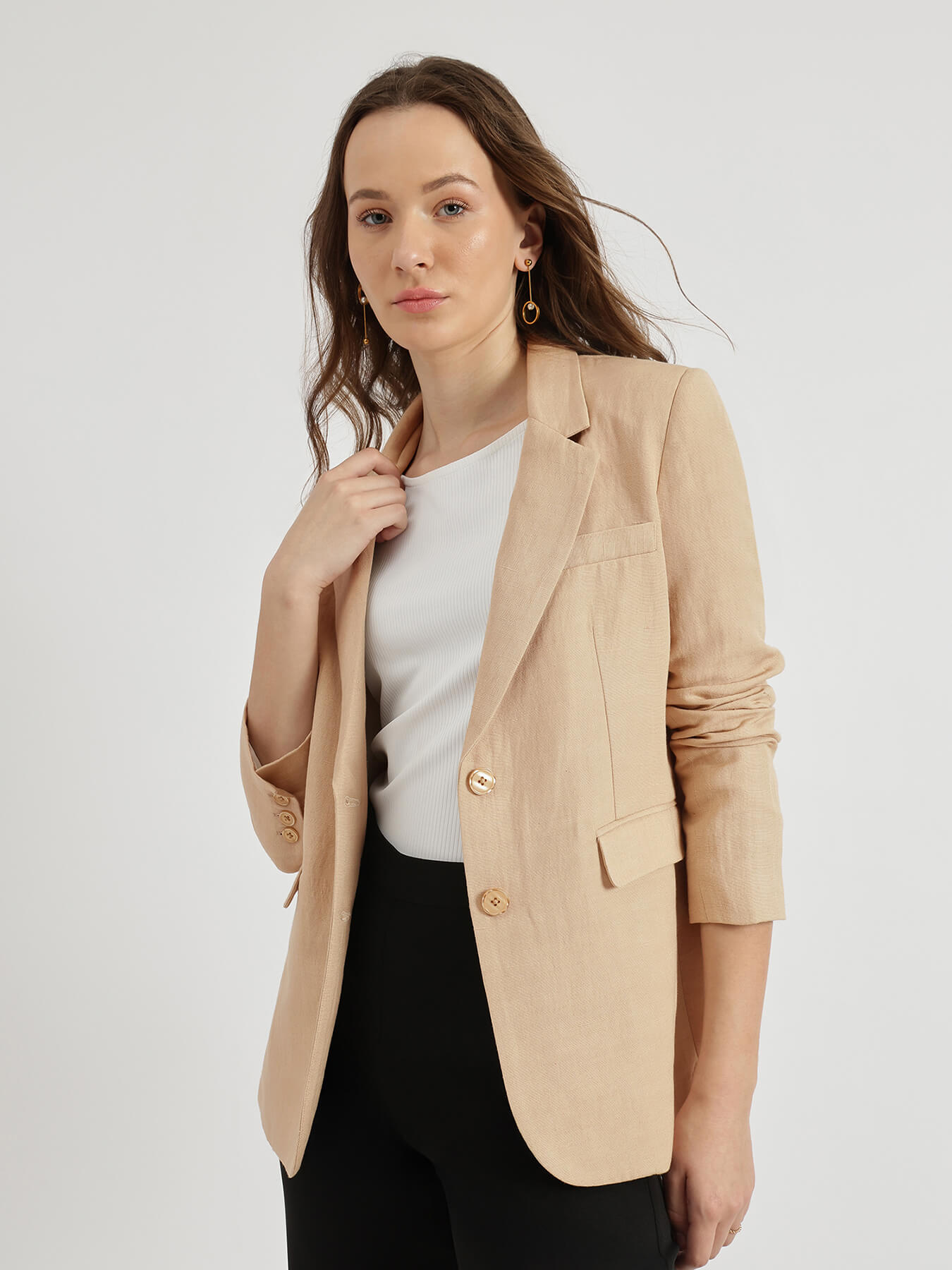 Linen Single Breasted Blazer - Beige