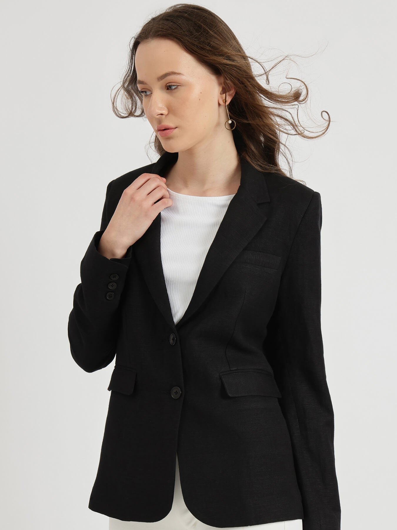 Linen Single Breasted Blazer - Black